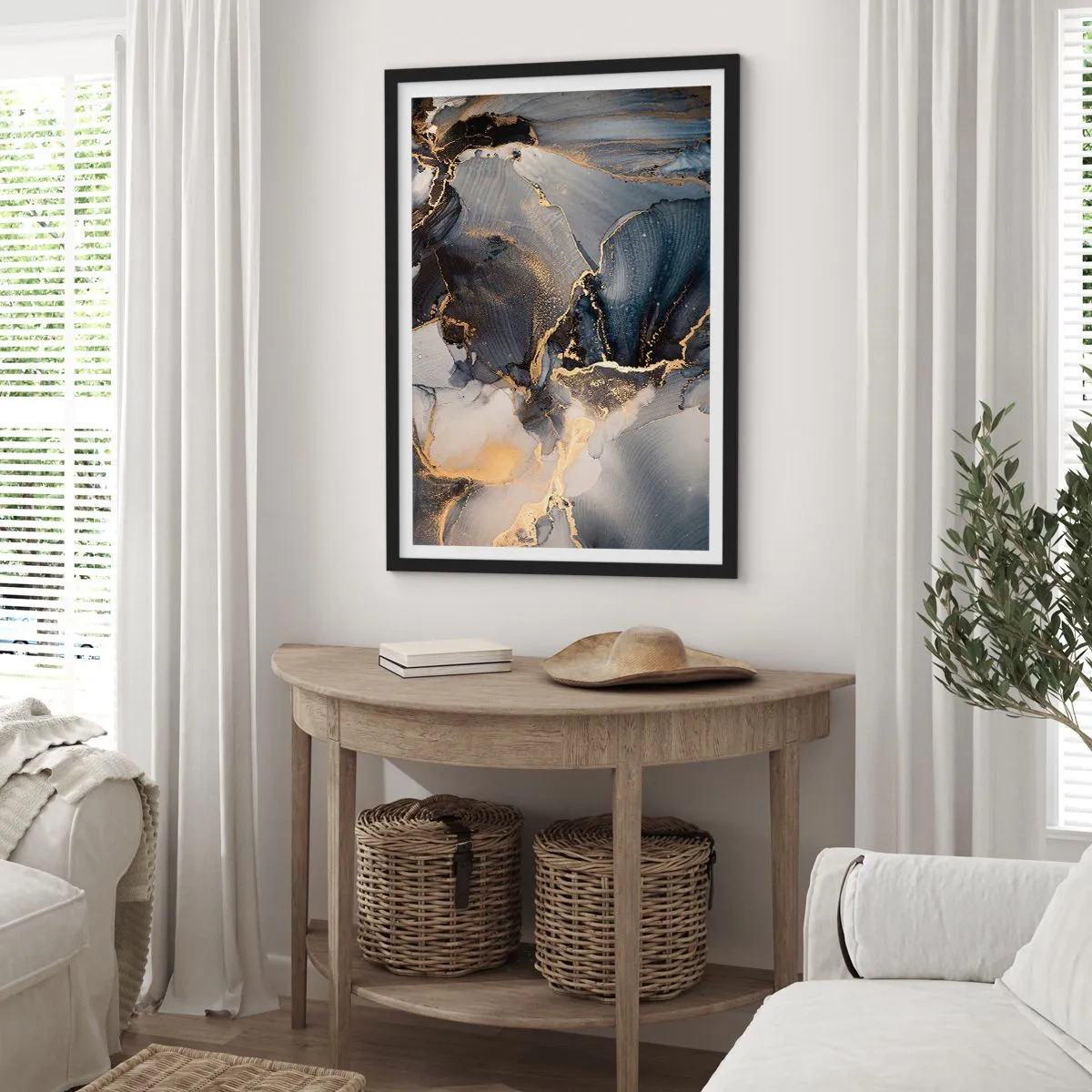 Plakát v černém rámu - Abstraktní kompozice v tmavých odstínech se zlatými akcenty. - 50x70cm - Život kamene - Moderní nástěnná dekorace do obývacího pokoje a ložnice ARTTOR