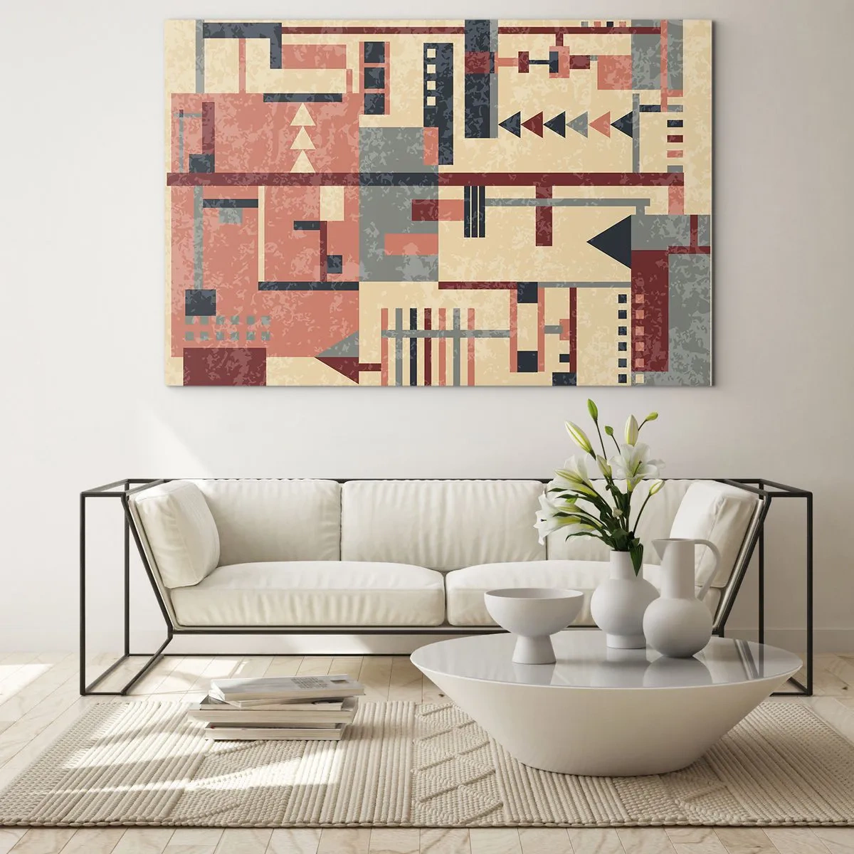 Obraz na skle - Abstraktní geometrický vzor v béžových a červených odstínech - 70x50cm - Vodorovná a svislá kombinace - Moderní nástěnná dekorace do obývacího pokoje a ložnice ARTTOR