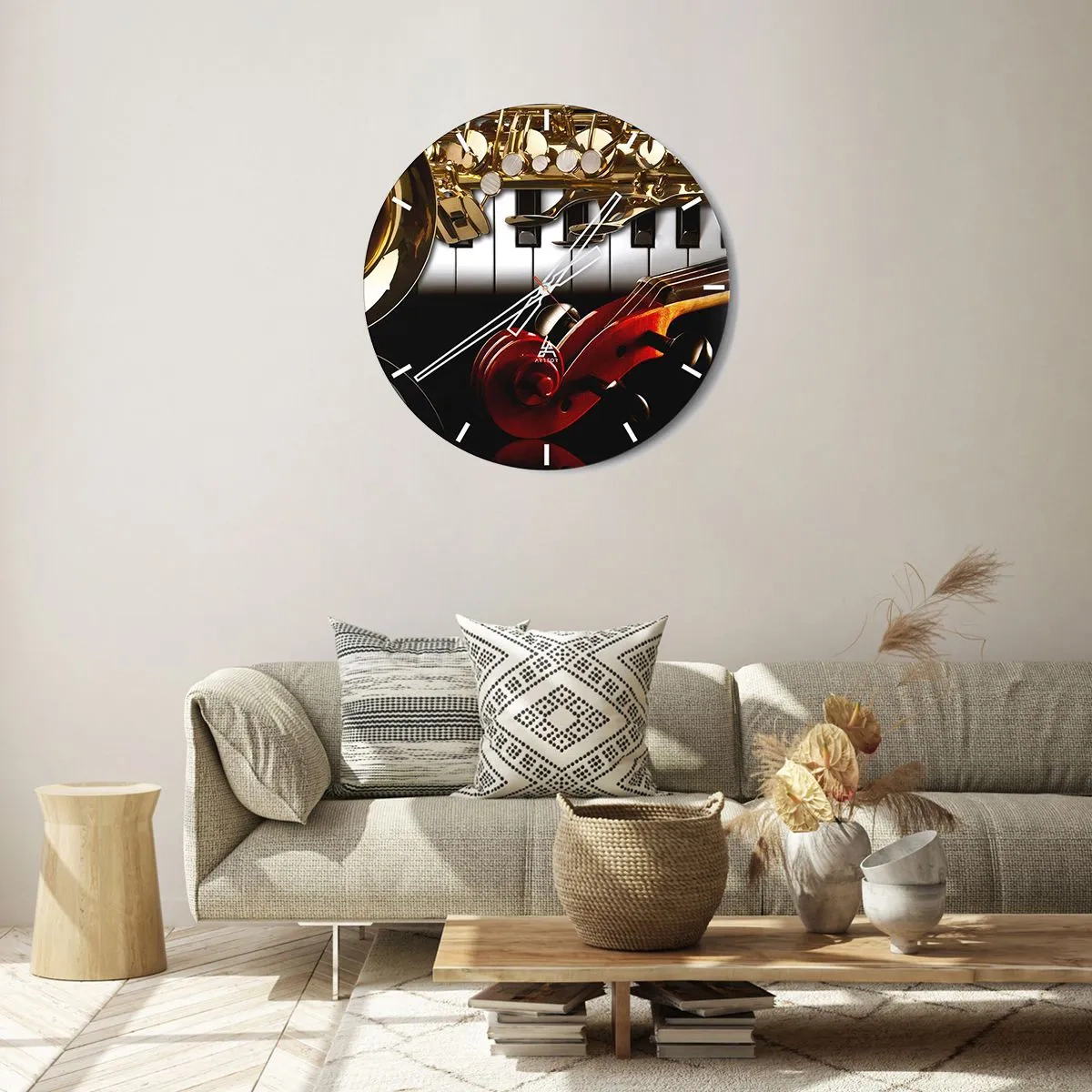 Nástěnné hodiny - Skladba hudebních nástrojů na pozadí klávesnice - 30x30cm - Plech, dřevo a slonovinová kost - Moderní nástěnná dekorace do obývacího pokoje, kuchyně a ložnice ARTTOR