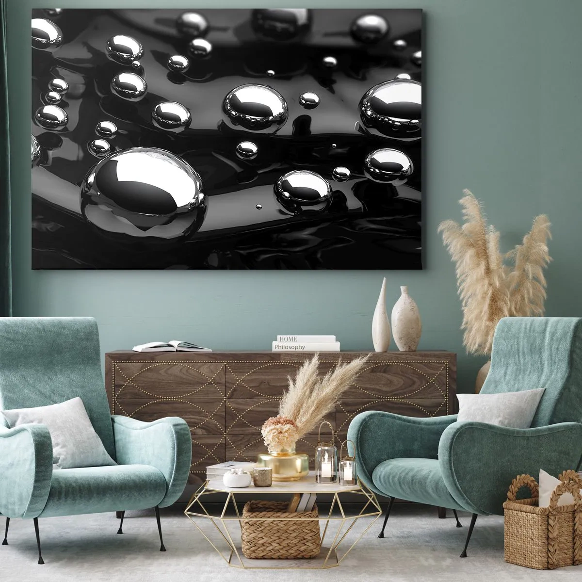 Obraz na plátně - Abstraktní kapky na černém povrchu - 70x50cm - Z černé tůně - Moderní nástěnná dekorace do obývacího pokoje a ložnice ARTTOR