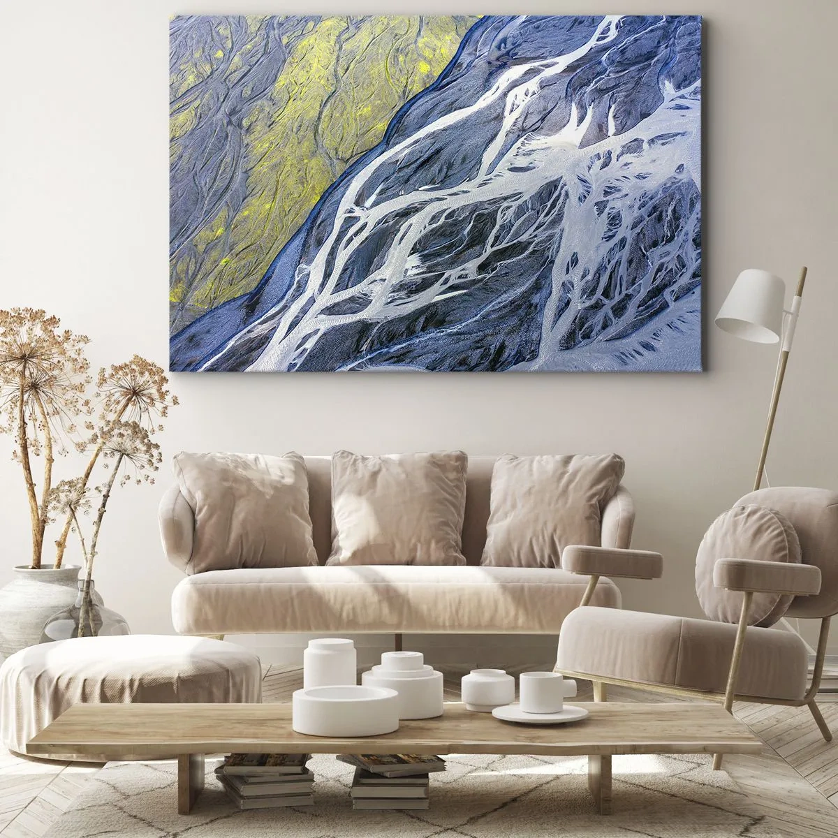 Obraz na plátně - Abstraktní pohled z ptačí perspektivy na meandrující koryta řek - 70x50cm - Jeskynní malby přírody - Moderní nástěnná dekorace do obývacího pokoje a ložnice ARTTOR