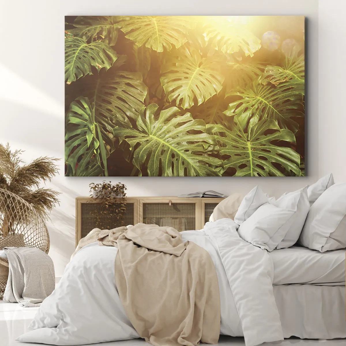 Obraz na plátně - Listy monstery na slunci na přirozeném pozadí - 70x50cm - Vstoupit do zeleně… - Moderní nástěnná dekorace do obývacího pokoje a ložnice ARTTOR