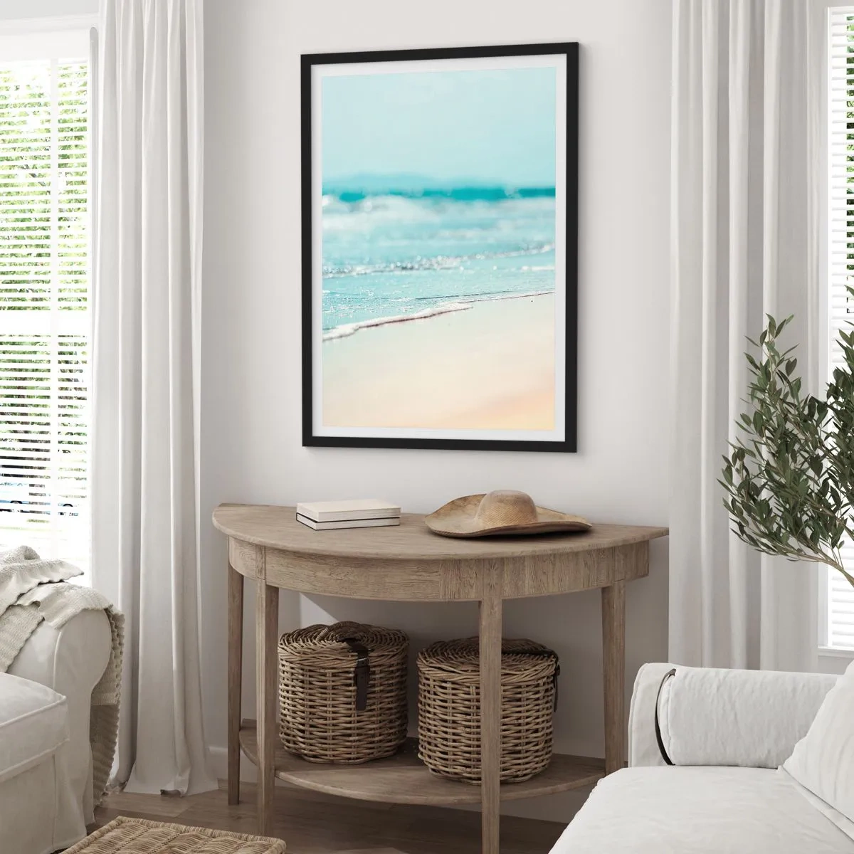 Plakát v černém rámu - Jemná pláž a klidné vlny v pastelových barvách - 50x70cm - Teplo a hluk - Moderní nástěnná dekorace do obývacího pokoje a ložnice ARTTOR