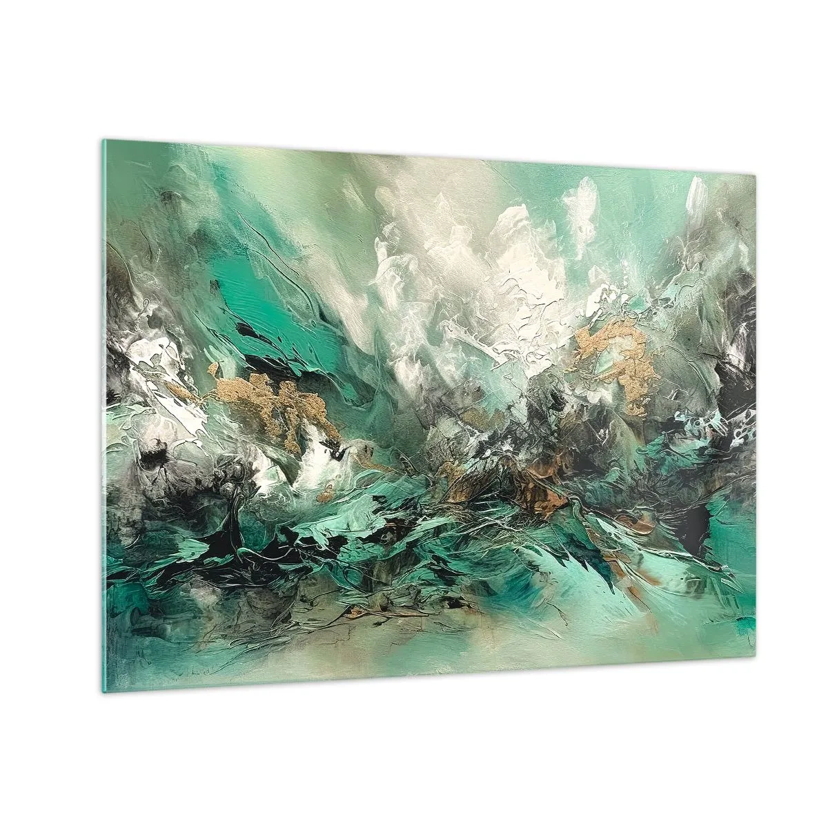 Obraz na skle - Abstraktní kompozice v odstínech smaragdové, černé a bílé. - 70x50cm - Smaragdově černé vlnobití - Moderní nástěnná dekorace do obývacího pokoje a ložnice ARTTOR