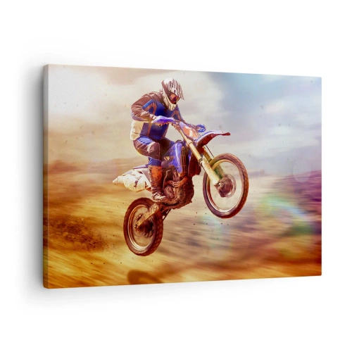 Obraz na plátně - Motocyklista za letu během dynamické jízdy v terénu - 70x50cm - Motocyklová závrať - Moderní nástěnná dekorace do obývacího pokoje a ložnice ARTTOR