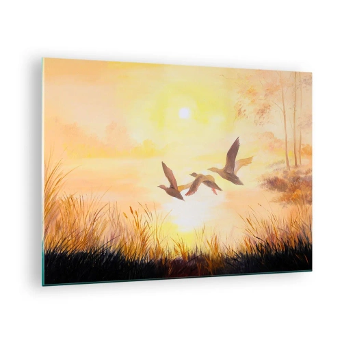 Obraz na skle - Tři kachny letící nad jezerem při východu slunce - 70x50cm - Začátek daleké cesty - Moderní nástěnná dekorace do obývacího pokoje a ložnice ARTTOR