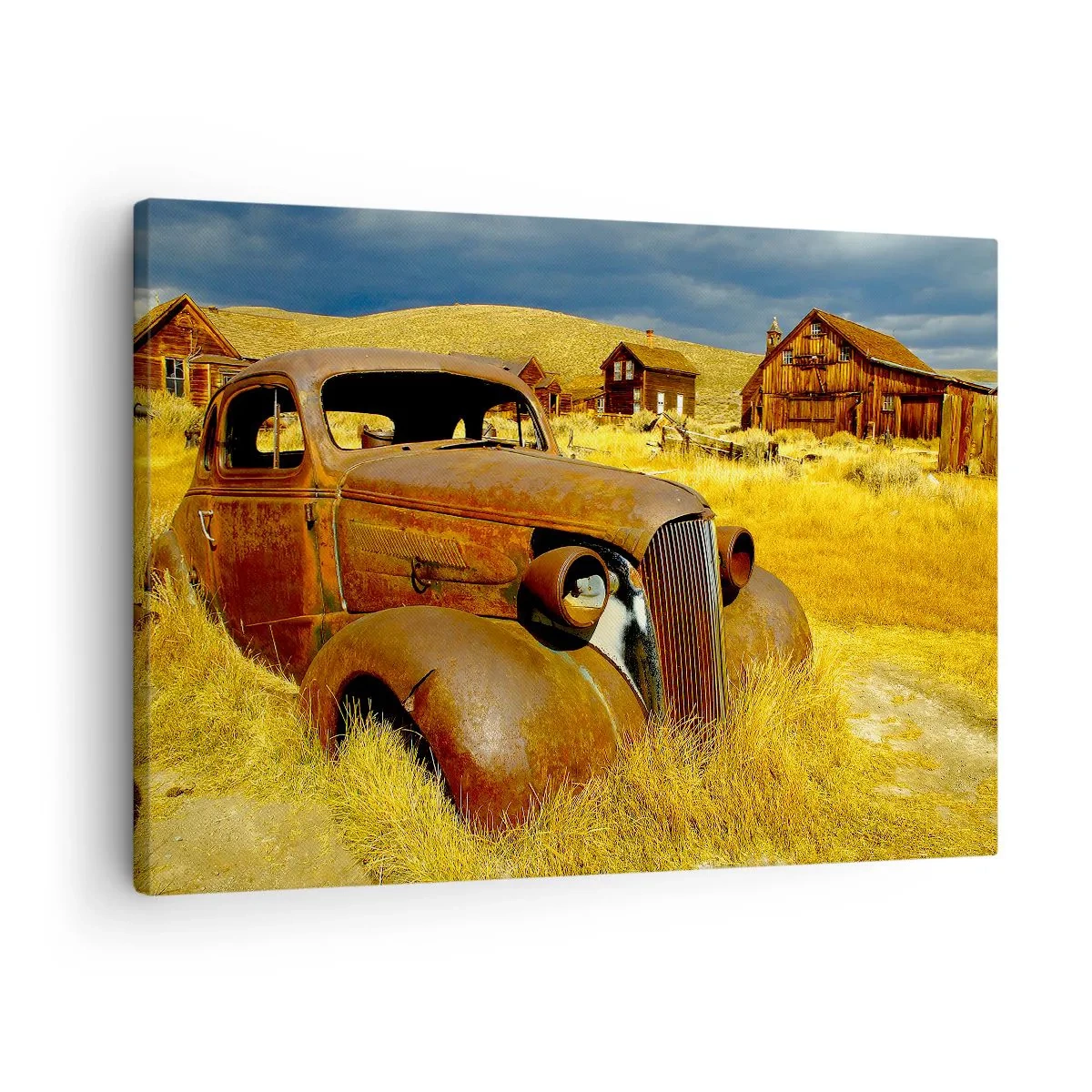 Obraz na plátně - Staré rezavé auto na pozadí opuštěných dřevěných chatrčí - 70x50cm - Zasloužený odpočinek - Moderní nástěnná dekorace do obývacího pokoje a ložnice ARTTOR
