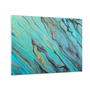 Obraz na skle - Abstraktní pruhy v tyrkysové a zlaté barvě - 70x50cm - Tyrkysový příliv - Moderní nástěnná dekorace do obývacího pokoje a ložnice ARTTOR