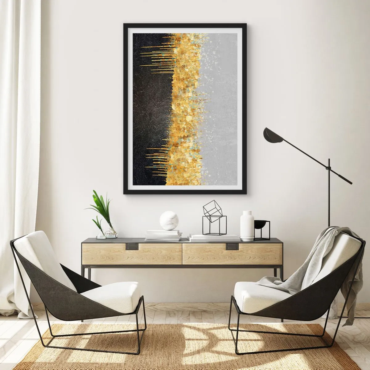 Plakát v černém rámu - Abstraktní kompozice zlata, černé a stříbra - 50x70cm - Dovnitř a vzhůru - Moderní nástěnná dekorace do obývacího pokoje a ložnice ARTTOR