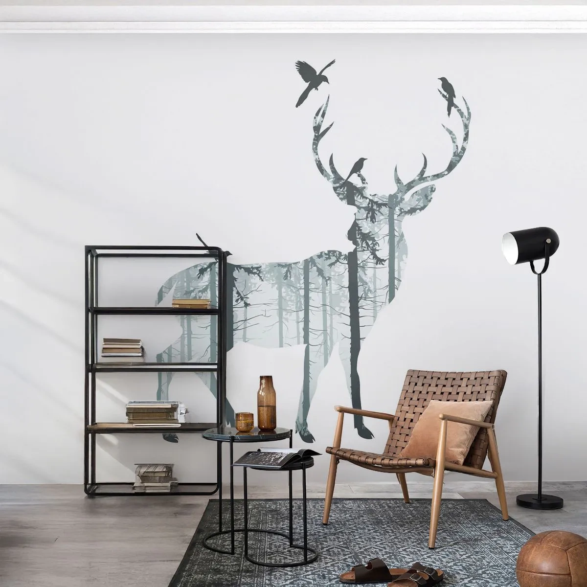 Fototapeta Standard Eco - Jelen plný lesní krajiny s ptáky na paroží - 100x70cm - Dobrý duch lesa - Moderní nástěnná dekorace do obývacího pokoje a ložnice ARTTOR