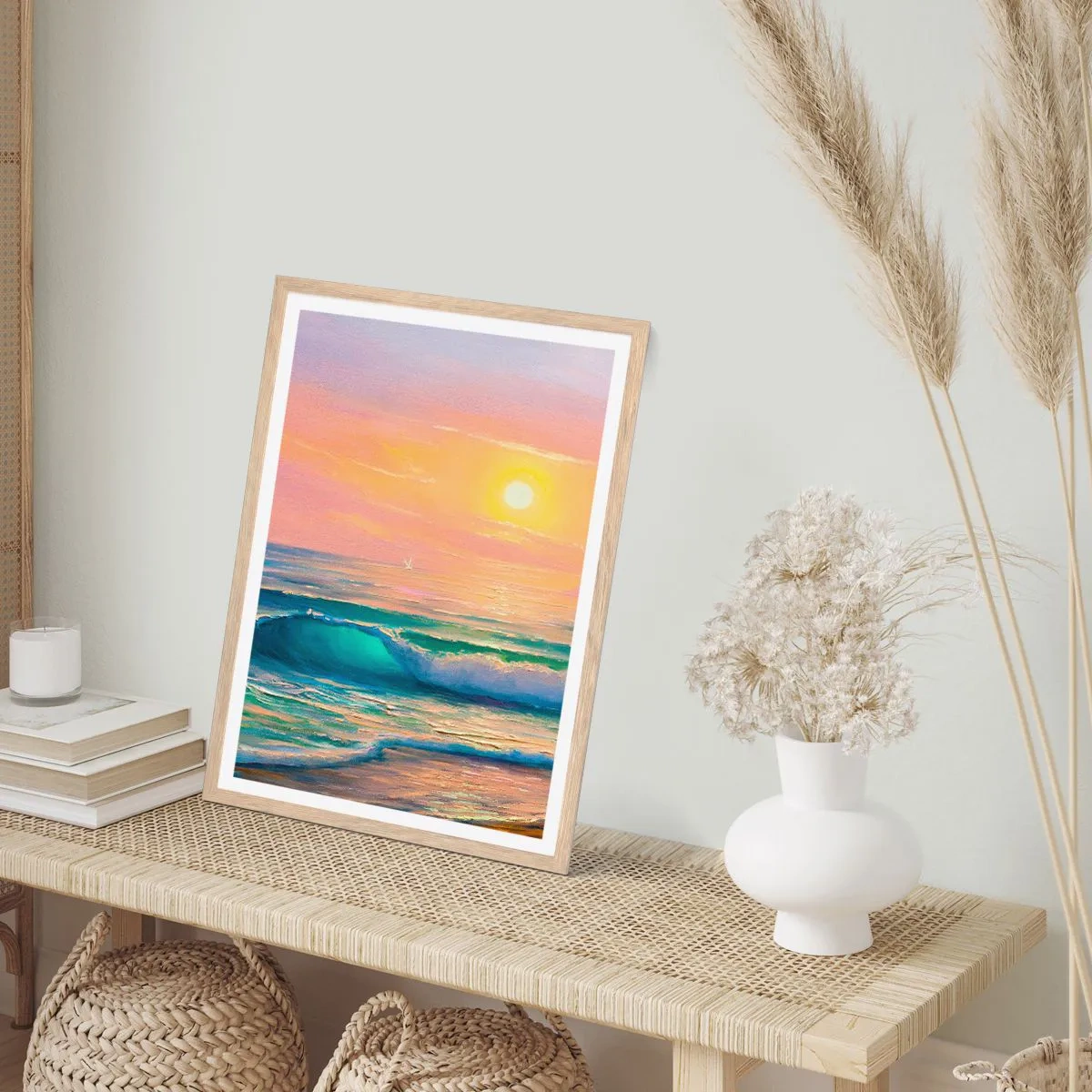 Plakát v rámu světlý dub - Tyrkysová píseň vln - 40x50 cm