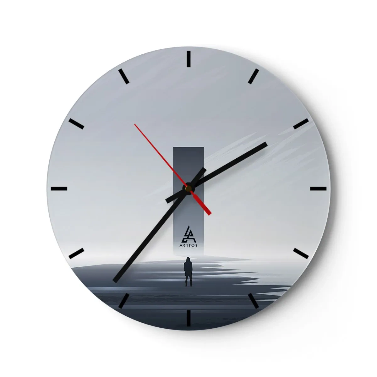 Nástěnné hodiny - Minimalistická krajina s postavou a geometrickým tvarem - 30x30cm - Příležitost nebo hrozba? - Moderní nástěnná dekorace do obývacího pokoje, kuchyně a ložnice ARTTOR