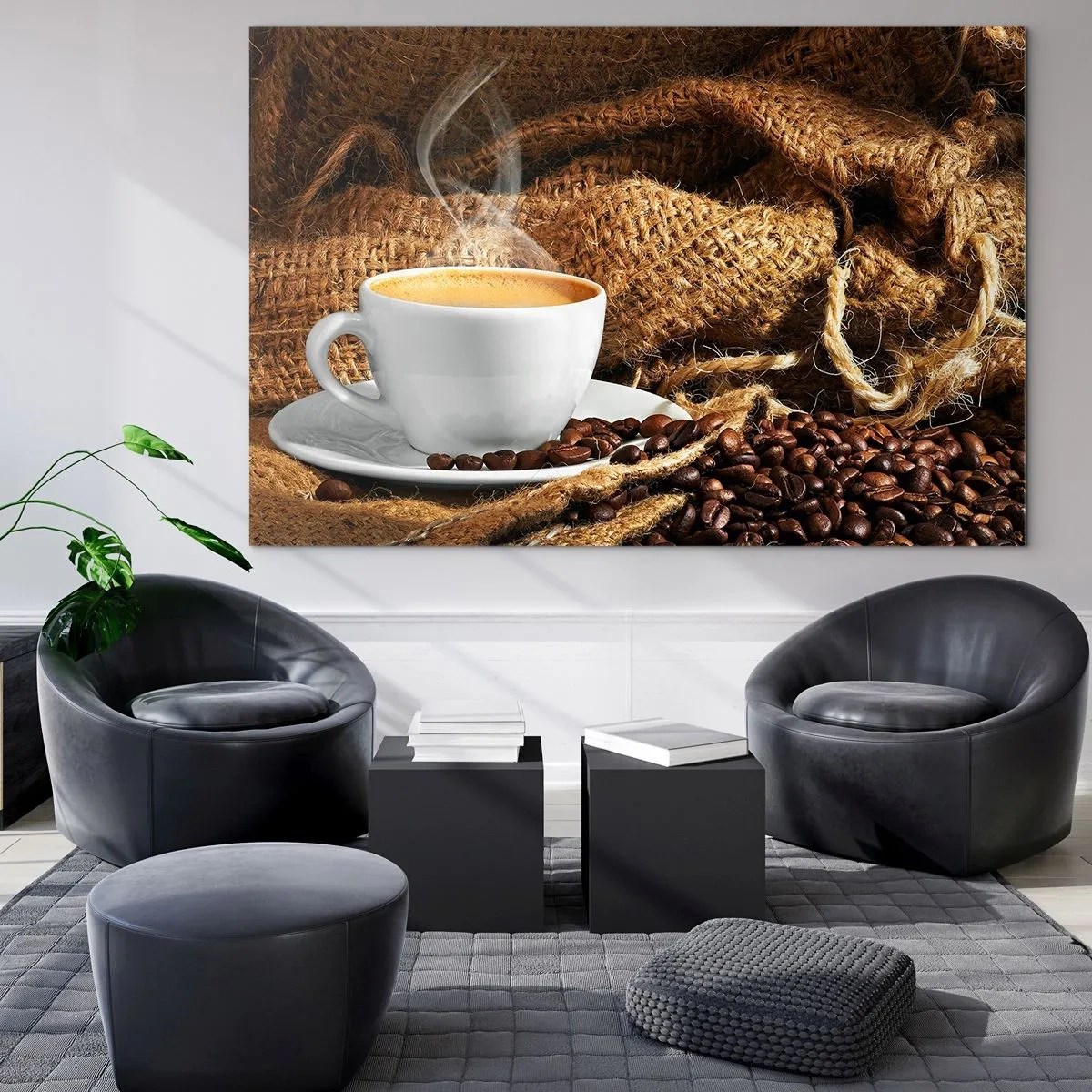Obraz na skle - Šálek kávy s fazolemi na jutovém pozadí - 70x50cm - Vůně moka a hustota medové tekutiny - Moderní nástěnná dekorace do obývacího pokoje a ložnice ARTTOR