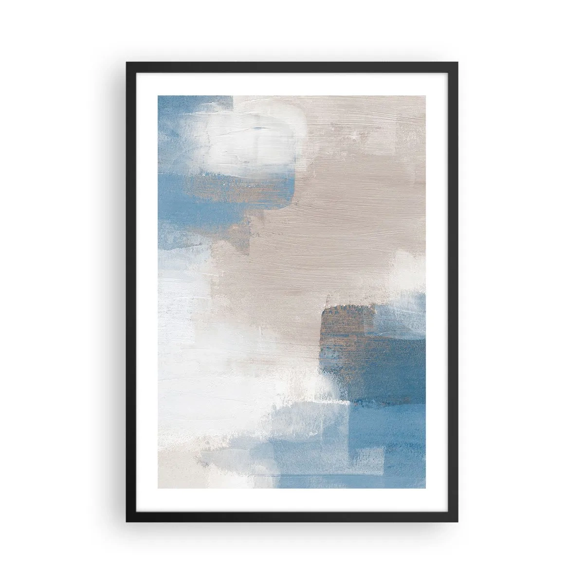 Plakát v černém rámu - Abstraktní kompozice v odstínech modré a béžové - 50x70cm - Růžová abstrakce za modrým závojem - Moderní nástěnná dekorace do obývacího pokoje a ložnice ARTTOR
