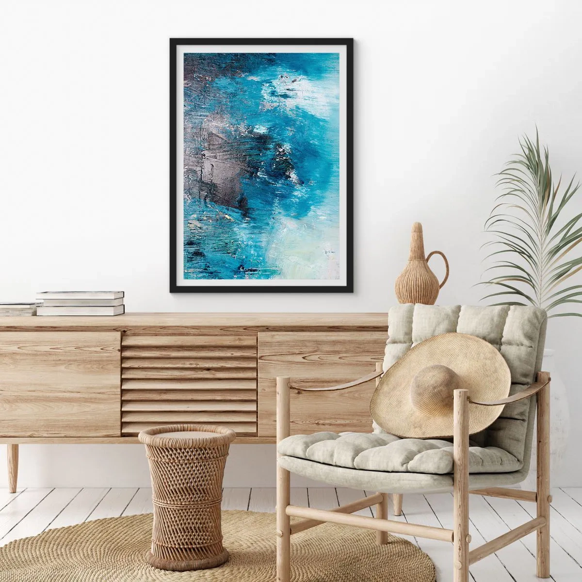 Plakát v černém rámu - Abstraktní kompozice v odstínech modré - 50x70cm - Rapsodie v modrém - Moderní nástěnná dekorace do obývacího pokoje a ložnice ARTTOR