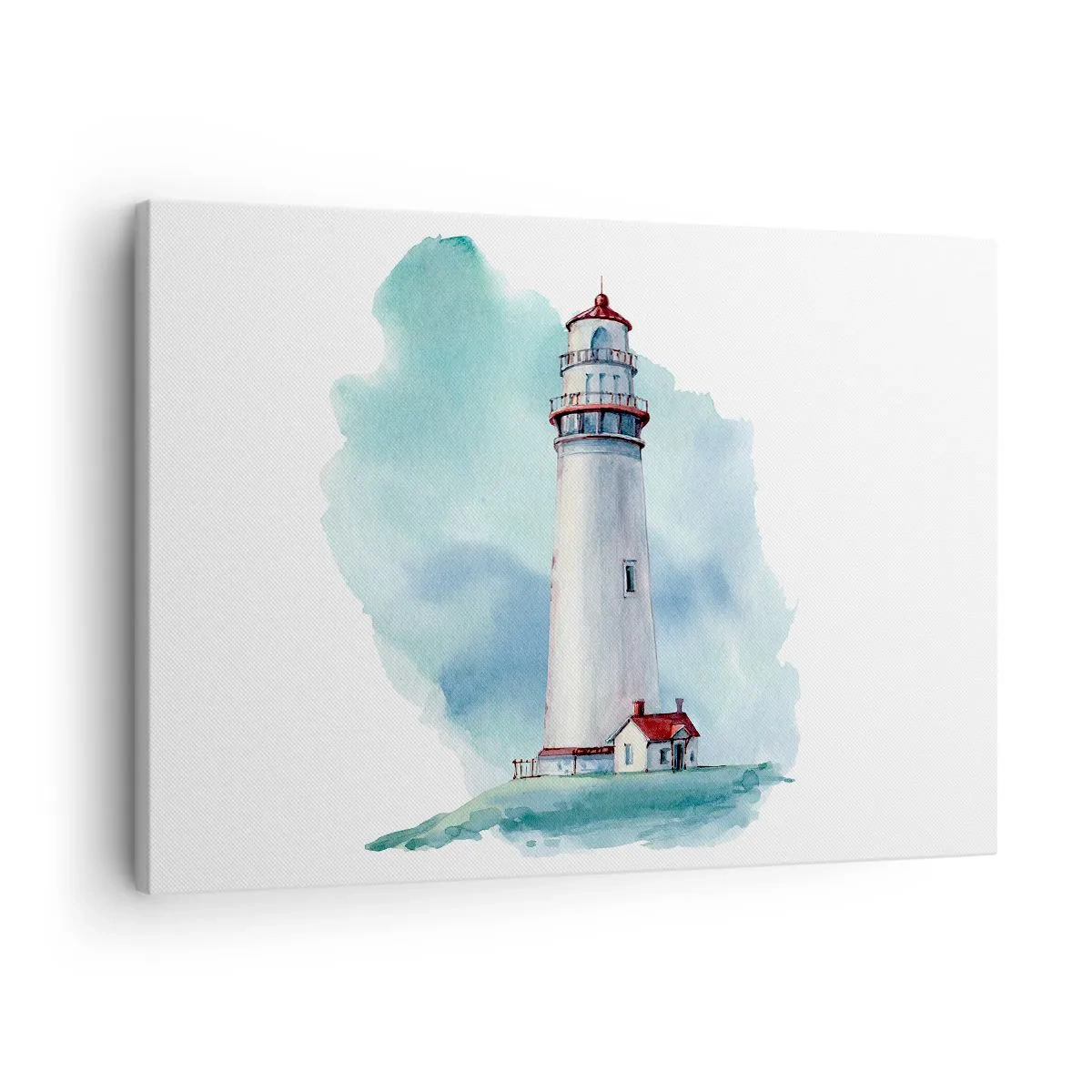 Obraz na plátně - Maják na modrém pozadí s akvarelem - 70x50cm - Něžná sestra blankytu - Moderní nástěnná dekorace do obývacího pokoje a ložnice ARTTOR