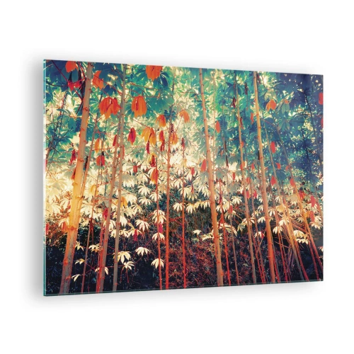 Obraz na skle - Barevný bambusový les s teplým osvětlením - 70x50cm - Tajný život listů - Moderní nástěnná dekorace do obývacího pokoje a ložnice ARTTOR