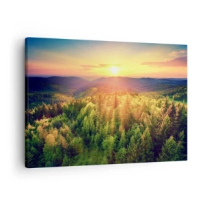 Obraz na plátně - Lesní krajina se západem slunce nad kopci - 70x50cm - Vrcholky a vrcholy - Moderní nástěnná dekorace do obývacího pokoje a ložnice ARTTOR