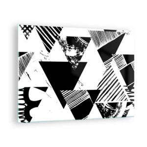 Obraz na skle - Černobílé geometrické vzory s trojúhelníkovými motivy - 70x50cm - Déšť trojúhelníků - Moderní nástěnná dekorace do obývacího pokoje a ložnice ARTTOR