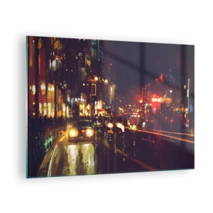 Obraz na skle - Městská noční krajina s auty a pouličními lampami - 70x50cm - Ponořená do světel noci - Moderní nástěnná dekorace do obývacího pokoje a ložnice ARTTOR