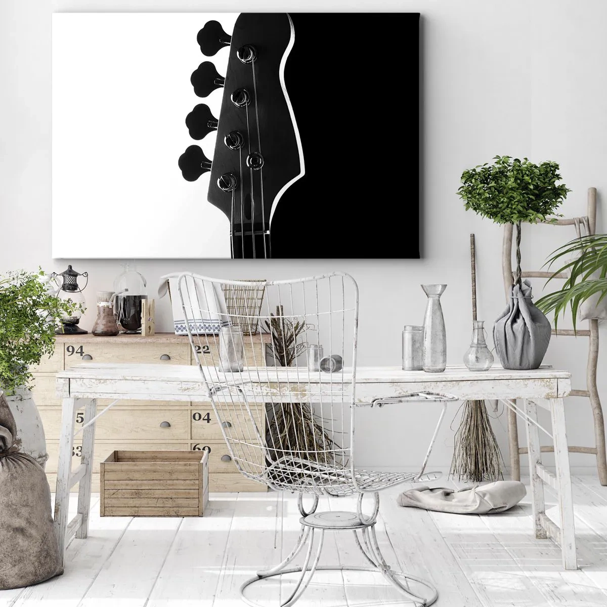 Obraz na plátně - Černá a bílá silueta hlavice basové kytary - 70x50cm - Rockové ticho - Moderní nástěnná dekorace do obývacího pokoje a ložnice ARTTOR