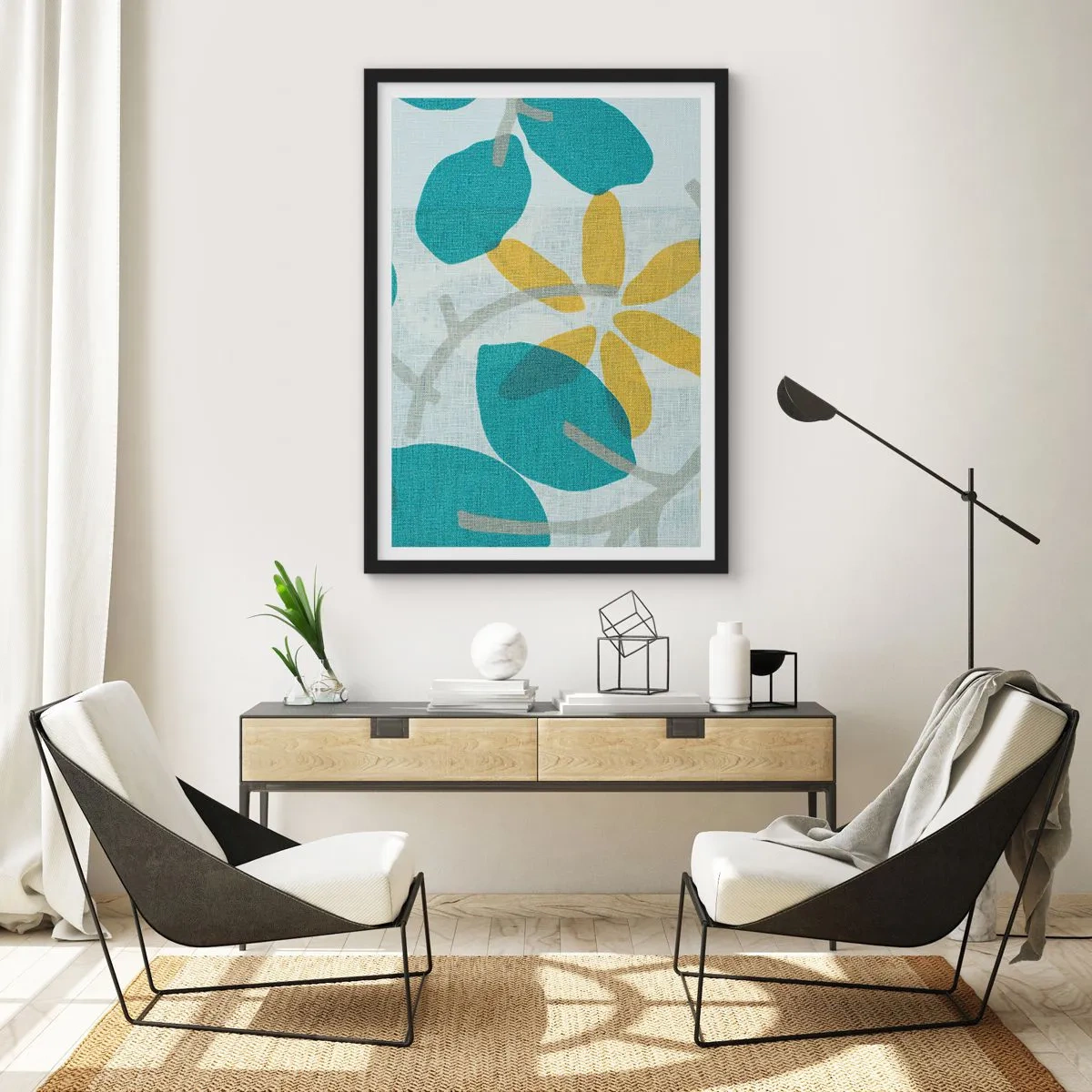 Plakát v černém rámu - Moderní botanická grafika v odstínech modré a žluté - 50x70cm - Mezi azurovými listy - Moderní nástěnná dekorace do obývacího pokoje a ložnice ARTTOR