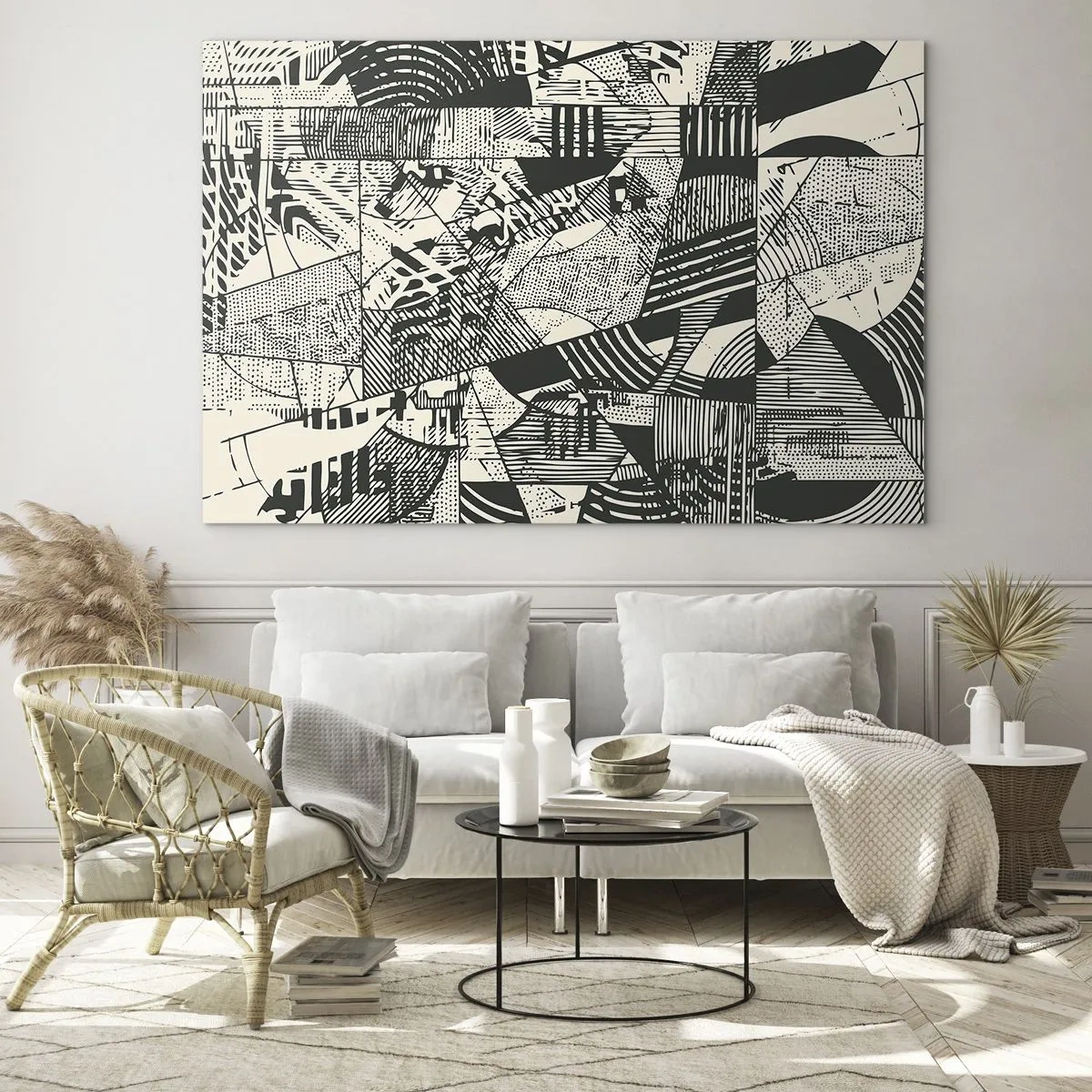 Obraz na skle - Černobílá abstrakce s dynamickými geometrickými vzory - 70x50cm - Dynamika současnosti - Moderní nástěnná dekorace do obývacího pokoje a ložnice ARTTOR