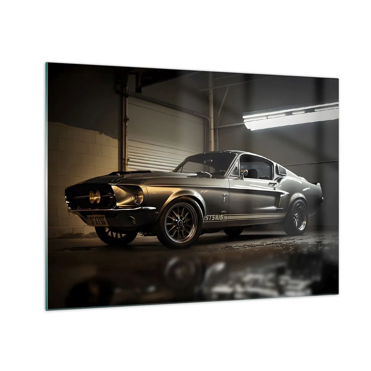 Obraz na skle - Klasické auto v garáži pod průmyslovým osvětlením - 70x50cm - Návrat do minulosti - Moderní nástěnná dekorace do obývacího pokoje a ložnice ARTTOR