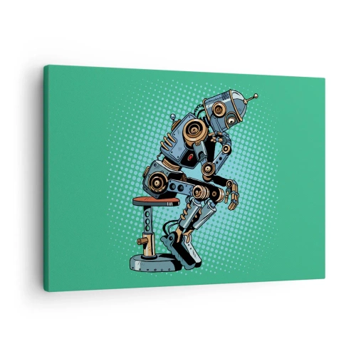 Obraz na plátně - Myslitel ve stylu pop artu robot na zeleném pozadí - 70x50cm - Nad podstatou bytí - Moderní nástěnná dekorace do obývacího pokoje a ložnice ARTTOR