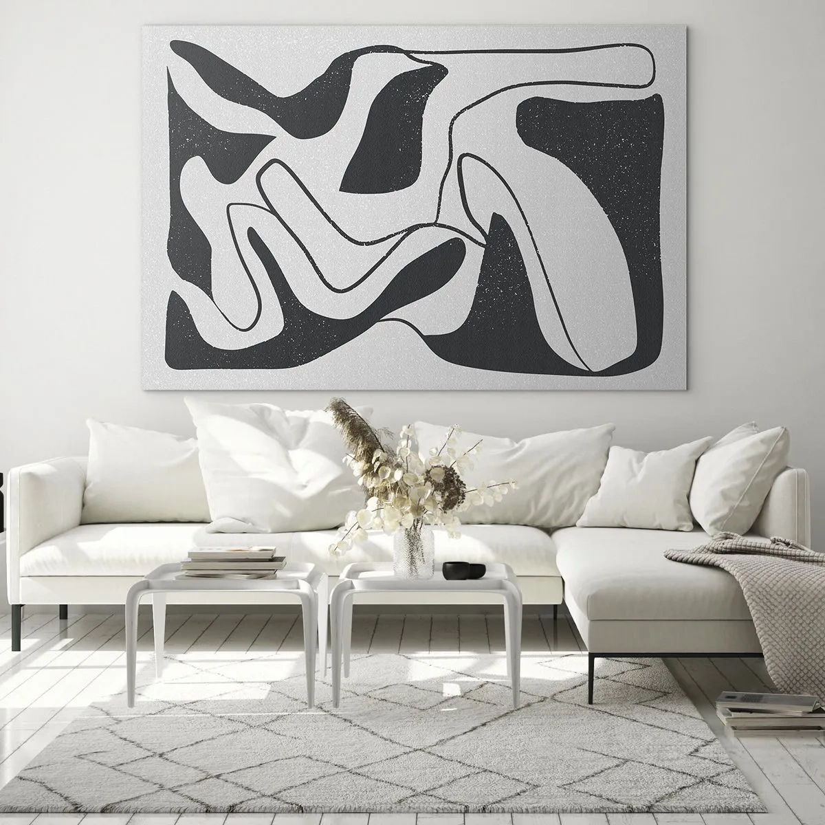 Obraz na skle - Černobílé abstraktní tvary připomínající bludiště - 70x50cm - Abstraktní hra v labyrintu - Moderní nástěnná dekorace do obývacího pokoje a ložnice ARTTOR