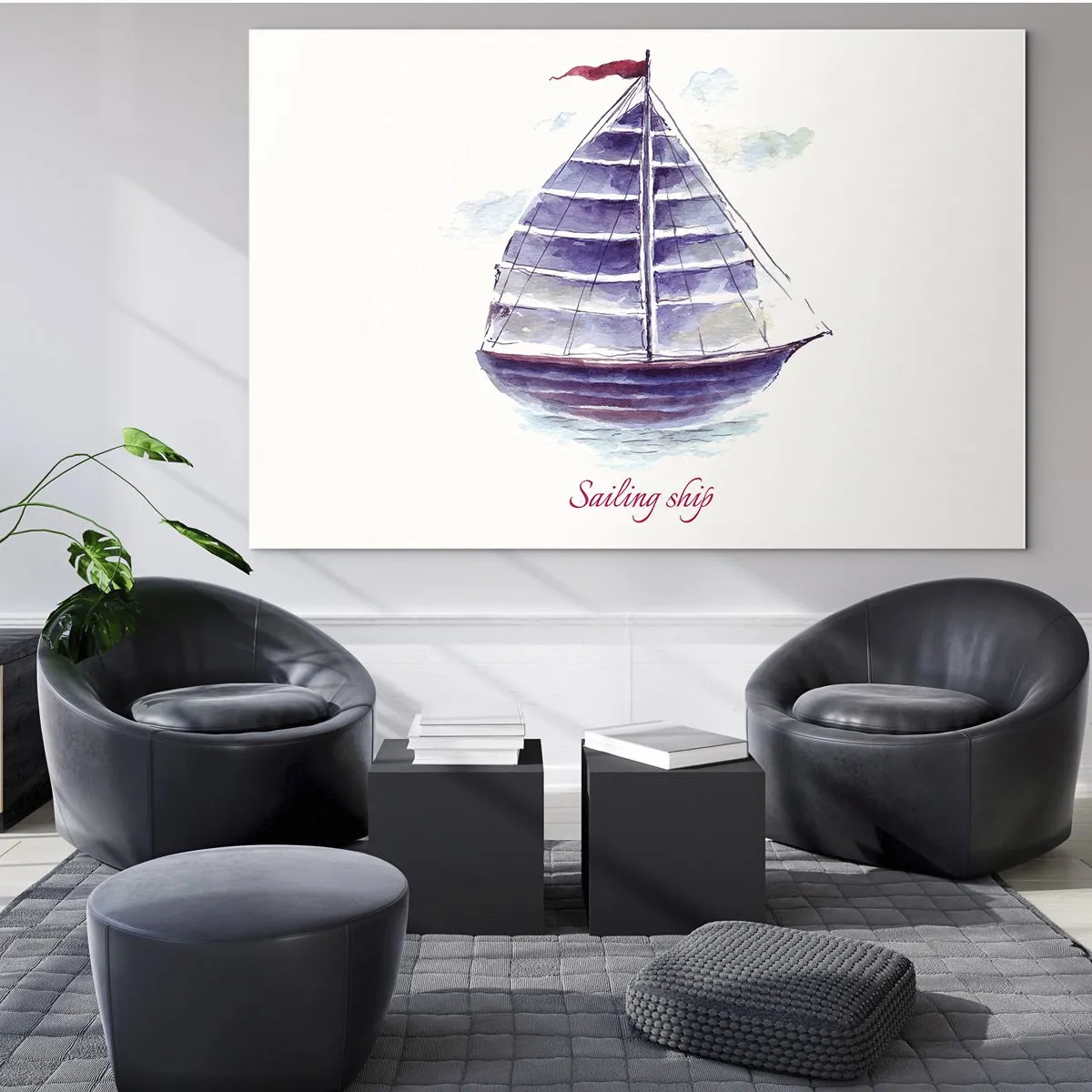 Obraz na skle - Akvarel plachetnice s nápisem plachetnice - 70x50cm - Napnuté plachty a klidná voda - Moderní nástěnná dekorace do obývacího pokoje a ložnice ARTTOR