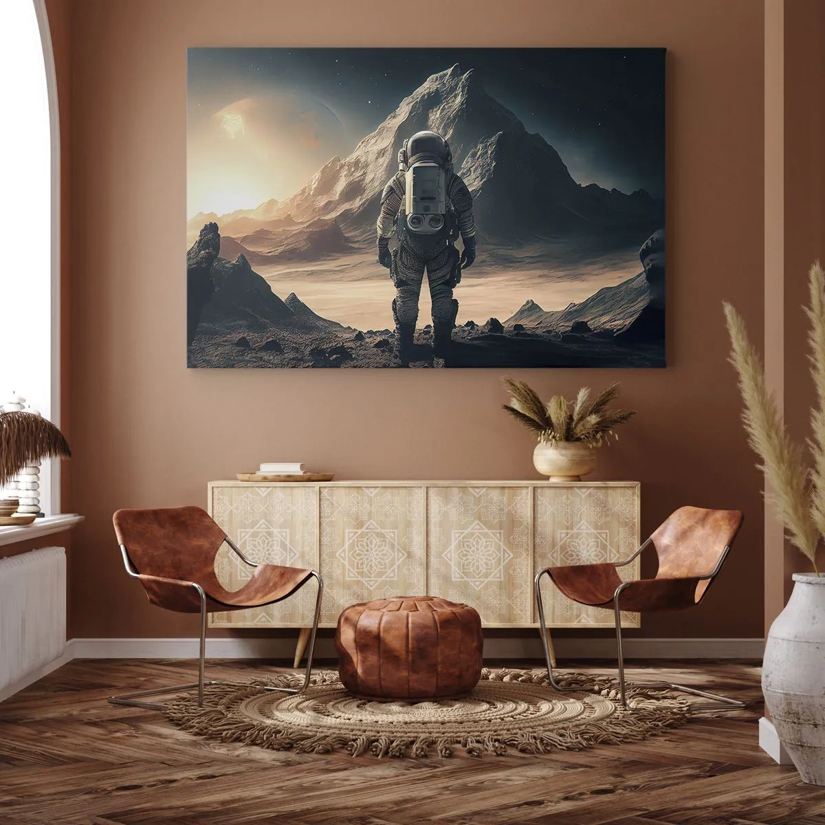 Obraz na plátně - Astronaut na pozadí majestátních hor - 70x50cm - Nová výzva - Moderní nástěnná dekorace do obývacího pokoje a ložnice ARTTOR