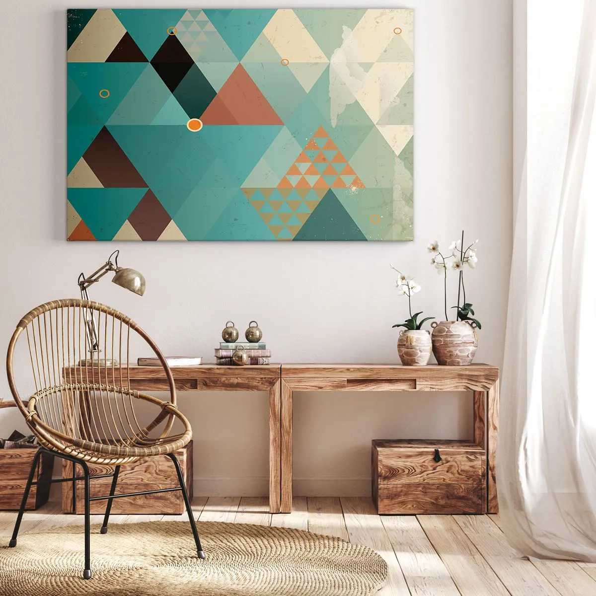 Obraz na plátně - Geometrické vzory v odstínech tyrkysové a hnědé - 70x50cm - Jednota mnohosti, mnohost jednoty - Moderní nástěnná dekorace do obývacího pokoje a ložnice ARTTOR