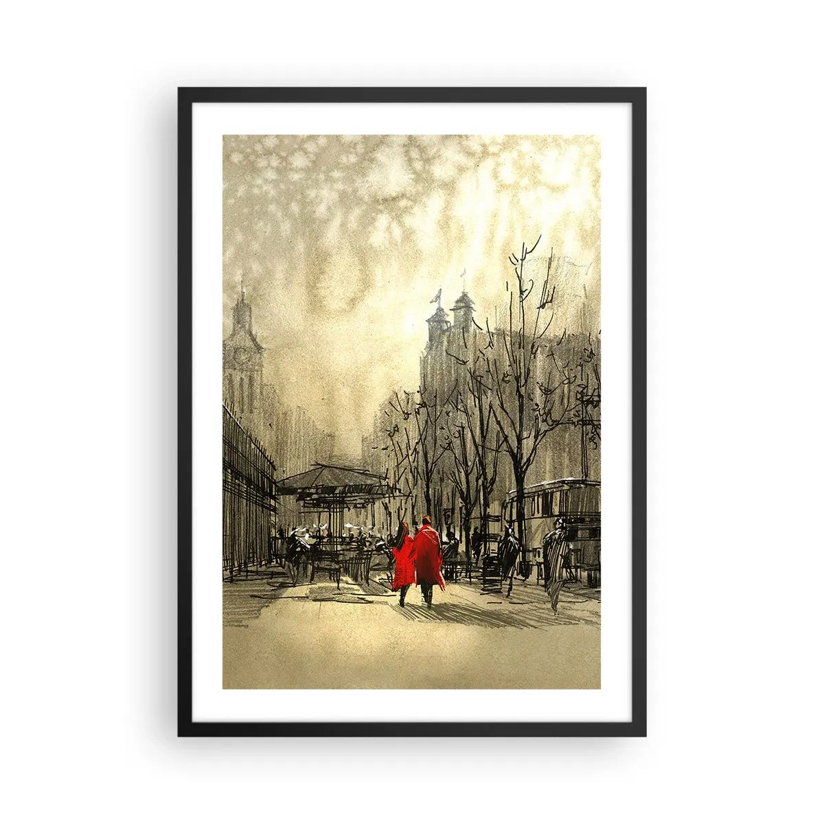 Plakát v černém rámu - Postava v červeném kabátě na pozadí zimního města - 50x70cm - Rande v londýnské mlze  - Moderní nástěnná dekorace do obývacího pokoje a ložnice ARTTOR