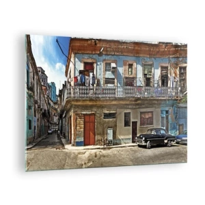 Obraz na skle - Retro ulice s klasickými budovami a autem - 70x50cm - Havajský nádech - Moderní nástěnná dekorace do obývacího pokoje a ložnice ARTTOR