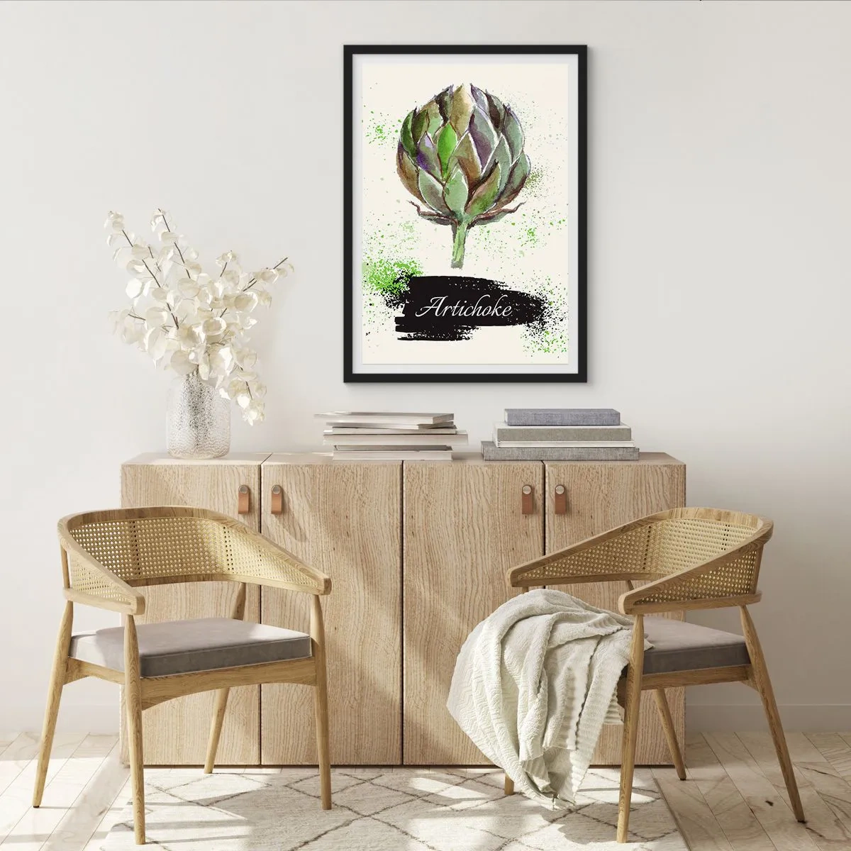 Plakát v černém rámu - Akvarelová ilustrace artyčoku na světlém pozadí - 50x70cm - Ať žije zelenina! - Moderní nástěnná dekorace do obývacího pokoje a ložnice ARTTOR