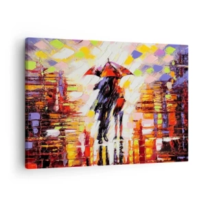 Obraz na plátně - Abstraktní scéna procházky pod slunečníkem za deštivé noci. - 70x50cm - Společně přes noc a déšť - Moderní nástěnná dekorace do obývacího pokoje a ložnice ARTTOR