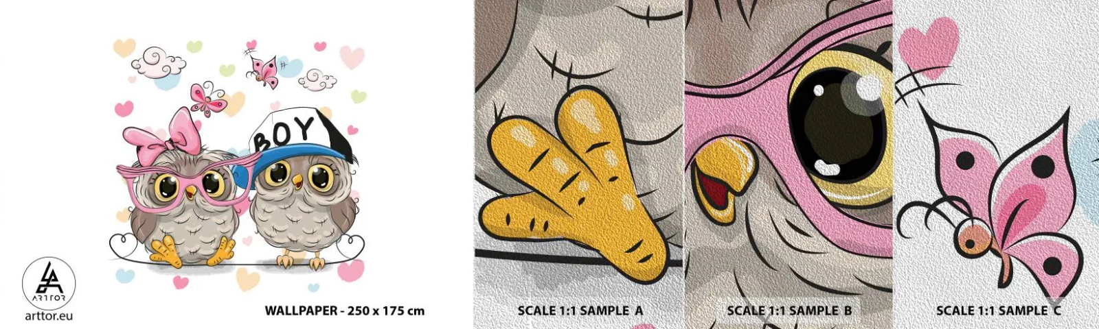 Vzor Fototapety Premium Sand - Milujme se! - Pro děti, Sova, Motýl - 100x30 cm
