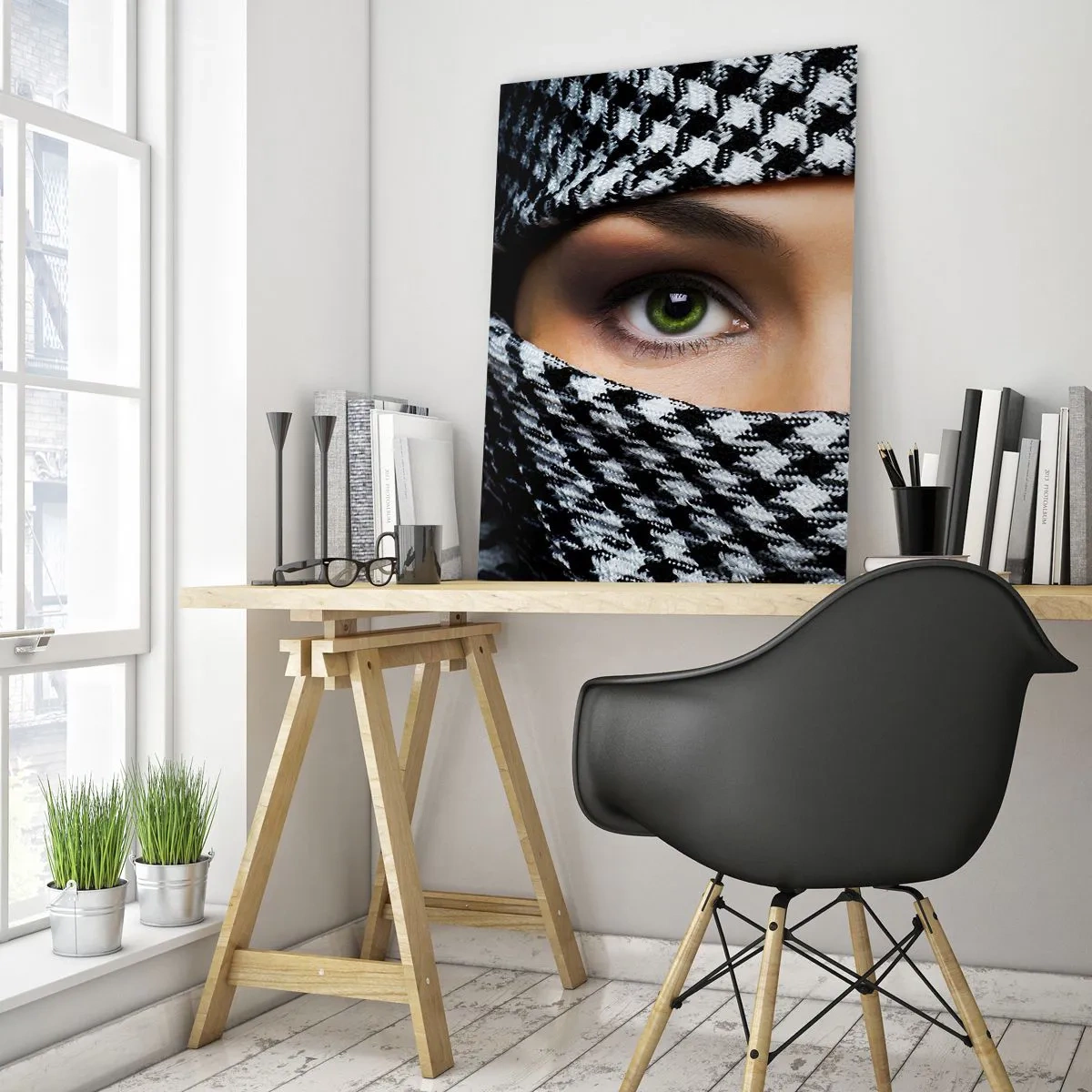 Obraz na skle - Portrét zahalené zelenooké krásky - 80x120 cm