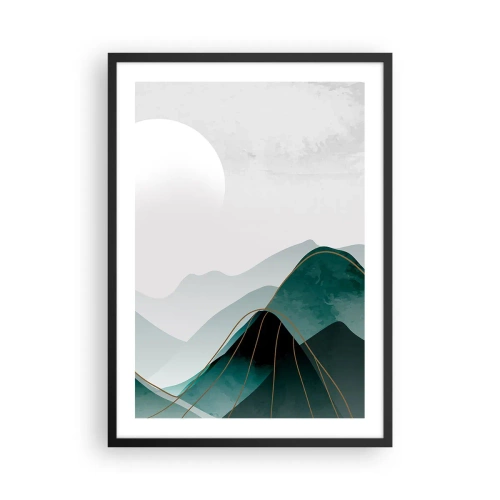 Plakát v černém rámu - Abstraktní hory v odstínech zelené s jemnou zlatou - 50x70cm - V plném majestátu - Moderní nástěnná dekorace do obývacího pokoje a ložnice ARTTOR