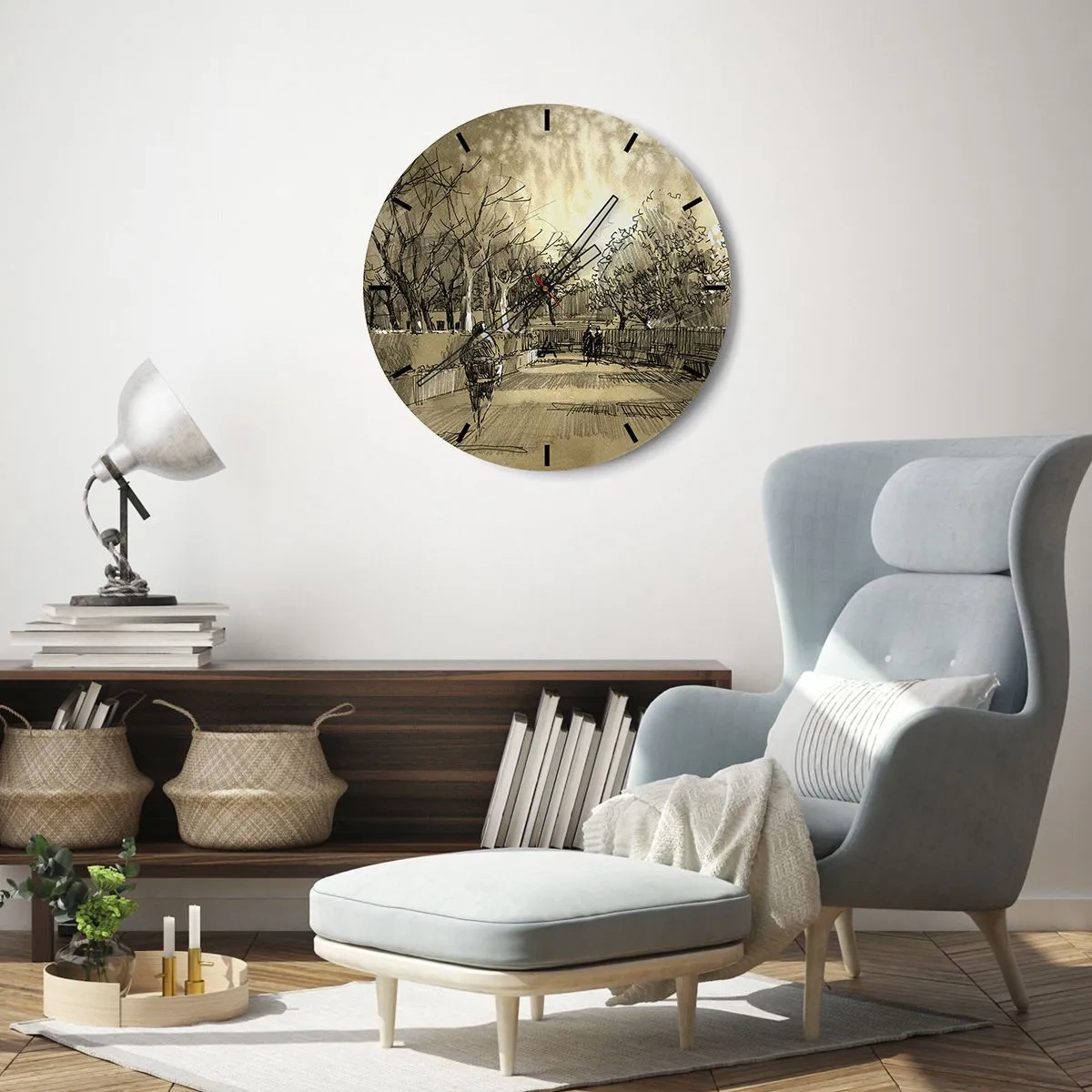 Nástěnné hodiny - Náčrt procházky v parku s cestami a stromy - 30x30cm - Pírkem zastavený okamžik - Moderní nástěnná dekorace do obývacího pokoje, kuchyně a ložnice ARTTOR