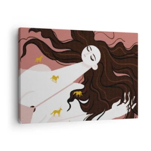 Obraz na plátně - Postava se zavřenýma očima obklopená zlatými koňmi - 70x50cm - Sen o zlatém koni - Moderní nástěnná dekorace do obývacího pokoje a ložnice ARTTOR