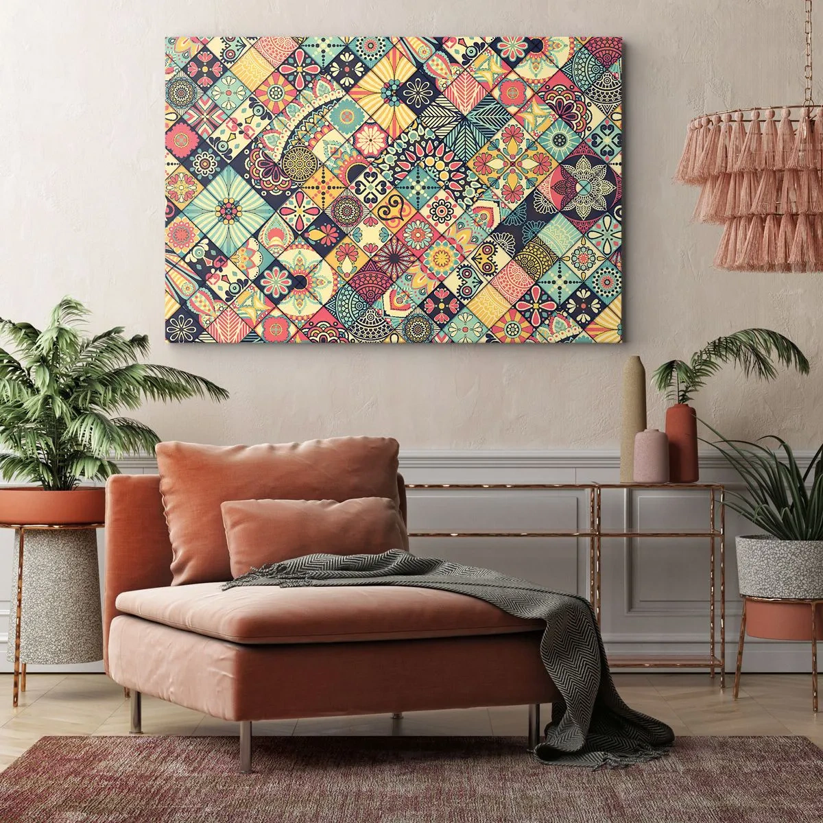 Obraz na plátně - Barevné geometrické vzory inspirované marockým stylem - 70x50cm - Marokánská vize - Moderní nástěnná dekorace do obývacího pokoje a ložnice ARTTOR