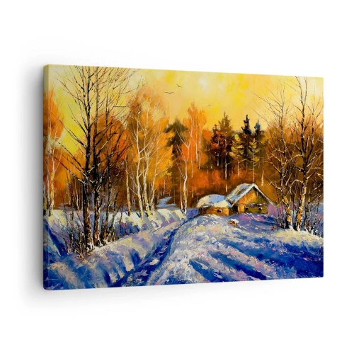 Obraz na plátně - Zimní krajina s domem ve světle zapadajícího slunce - 70x50cm - Zimní imprese v slunci - Moderní nástěnná dekorace do obývacího pokoje a ložnice ARTTOR