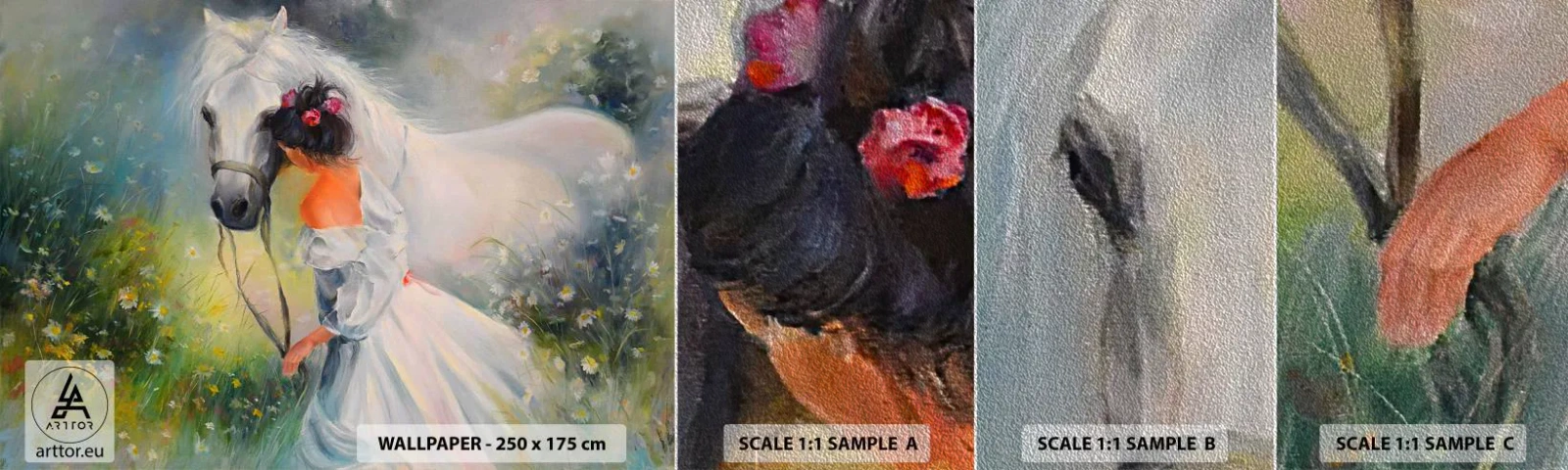 Vzor Fototapety Premium Sand - Jako z krásného snu - Žena, Kůň, Louka - 100x30 cm