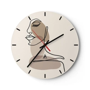 Nástěnné hodiny - Minimalistický portrét ženy ve stylu čárové grafiky a béžových skvrn. - 30x30cm - Určitá linie krásy - Moderní nástěnná dekorace do obývacího pokoje, kuchyně a ložnice ARTTOR
