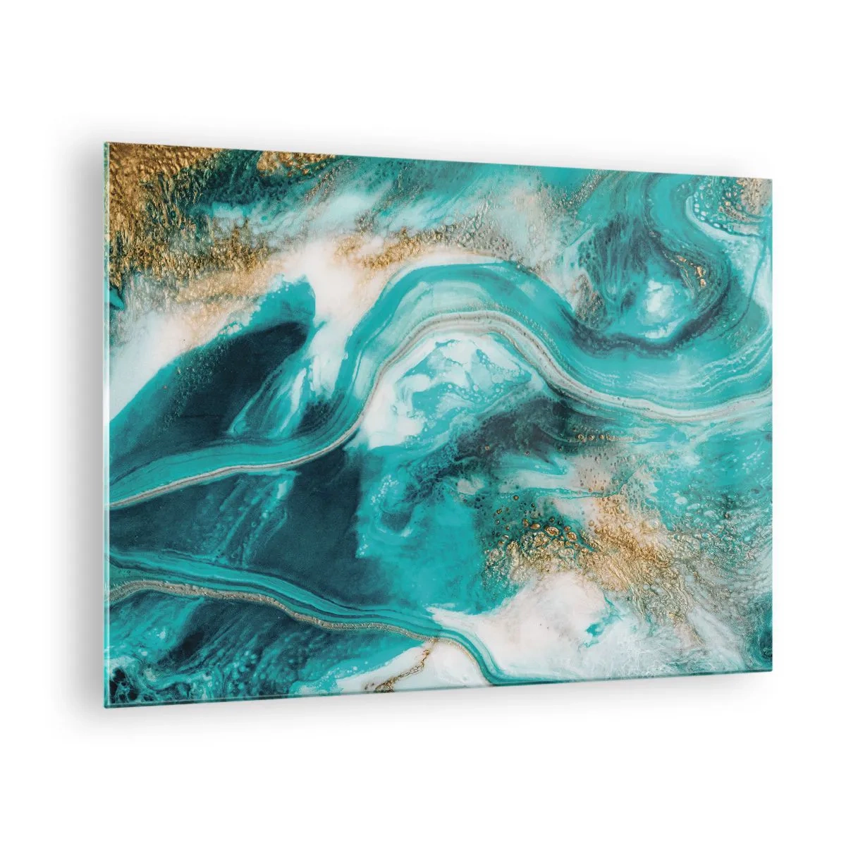 Obraz na skle - Abstraktní kompozice v tyrkysové barvě se zlatými akcenty. - 70x50cm - Řeka zlata - Moderní nástěnná dekorace do obývacího pokoje a ložnice ARTTOR