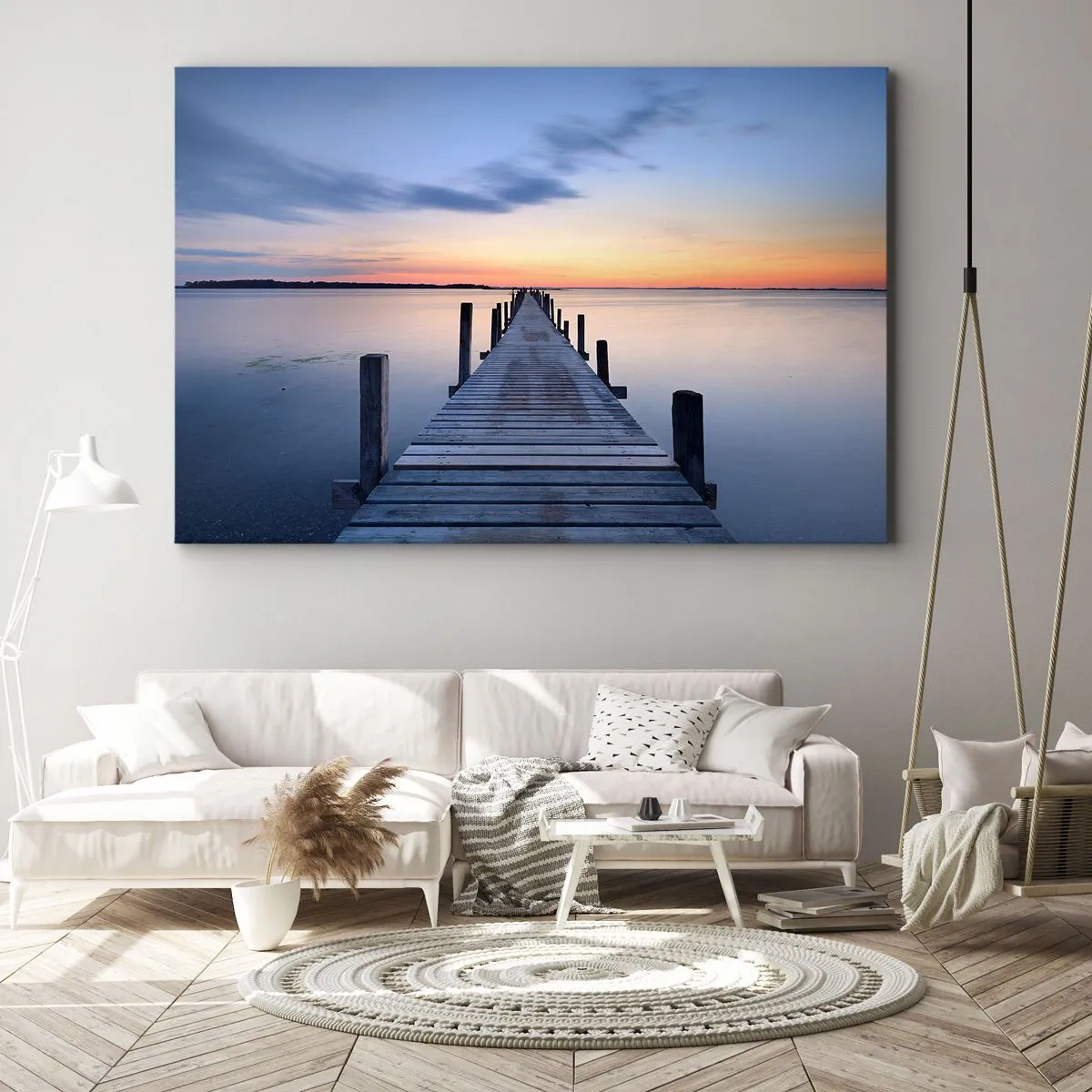 Obraz na plátně - Dřevěné molo na jezeře při západu slunce - 70x50cm - Klid příjemného soumraku - Moderní nástěnná dekorace do obývacího pokoje a ložnice ARTTOR