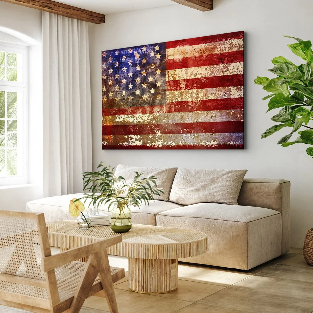 Obraz na plátně - Stylizovaná americká vlajka s efektem stárnutí - 70x50cm - Chvála nepomíjí - Moderní nástěnná dekorace do obývacího pokoje a ložnice ARTTOR