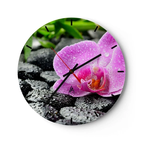 Nástěnné hodiny - Růžová orchidej na mokrých kamenech - 30x30cm - Jako otevřené srdce - Moderní nástěnná dekorace do obývacího pokoje, kuchyně a ložnice ARTTOR